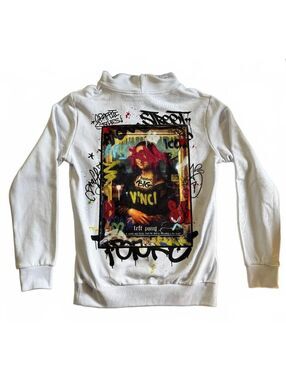 Left Point White Hoodie with Graffiti Mona Lisa Print
